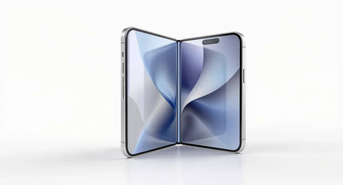 A futuristic smartphone made of borophene being folded in half