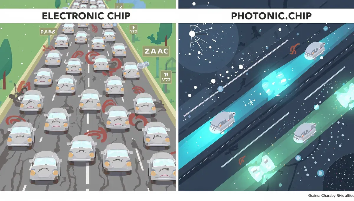 Infographic comparing a congested electronic chip with a fast photonic chip