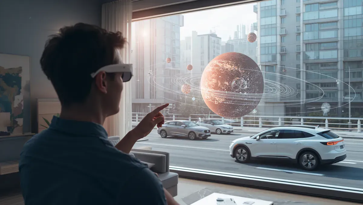 A person in a futuristic city wearing AR glasses and interacting with a stable, complex hologram in their living room.