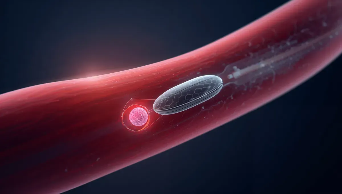 A microscopic, sleek, graphene-based nanobot flowing through a human artery, scanning a cell.