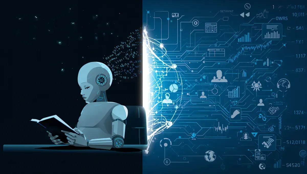 An illustration showing a futuristic AI effortlessly processing multiple streams of information at once: video, audio waves, and complex data charts.